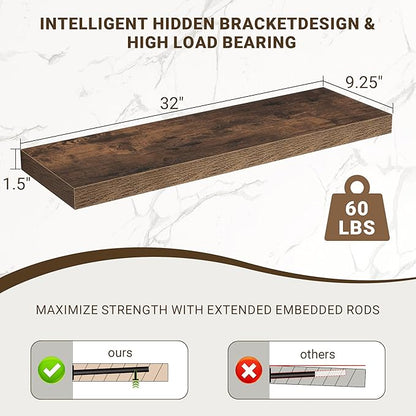 32 Inch Floating Shelves, 3D Textured Wood Grain, 32"x9.25"x1.5" Inch Deep Floating Shelves for Wall, Wooden Shelves for Bathroom, Bedroom, Living Room, Brown, 2 Pieces