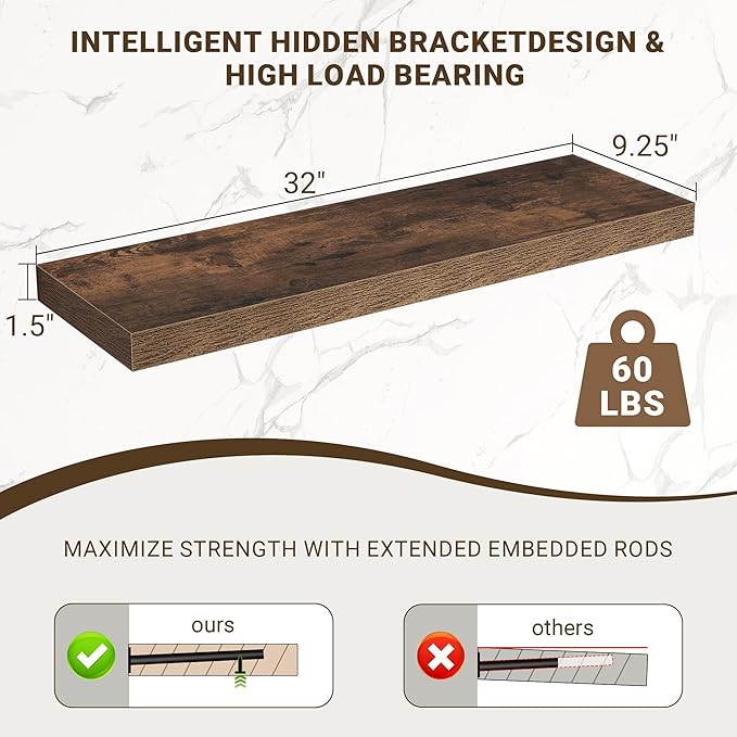 32 Inch Floating Shelves, 3D Textured Wood Grain, 32