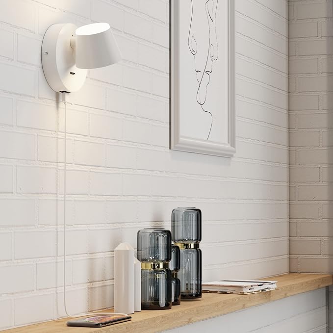 URSOLA Wall Light Set of Two, LED Wall Sconce with On/Off Switch USB Charging Port 110 Volt Hardwired Wall Lamp 350 Rotatable Up Down Sconces Wall Lighting (White)