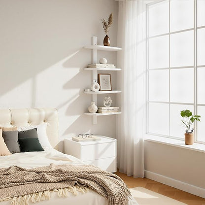Afuly White Floating Shelves for Wall Display Shelf Unit Modern Decorative Solid Wood Shelving Home Decor Living Room Bedroom Coffee Bar Bathroom Small Space Plant Photo Set of 4