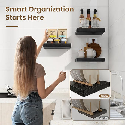 Square Floating Shelves for Wall, 10"W x 10"D x 1.25"H, 3 Packs Small Wall Mounted Engineered Wood Shelves with Invisible Brackets for Living Room, Bedroom, Bathroom, Kitchen Decor, Black