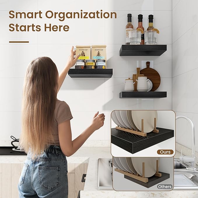Square Floating Shelves for Wall, 9.25"W x 9.25"D x 1.25"H, 3 Pack Small Wall Mounted Engineered Wood Shelves with Invisible Brackets for Living Room, Bedroom, Bathroom, Kitchen Decor, Black