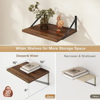 Deep Floating Shelves Wall Mounted, 16"x12" Walnut Wall Shelves with Brackets Set of 2 for Bedroom, Living Room, Bathroom, Kitchen, Office - Storage & Display Shelf for Decor, Books, Plants