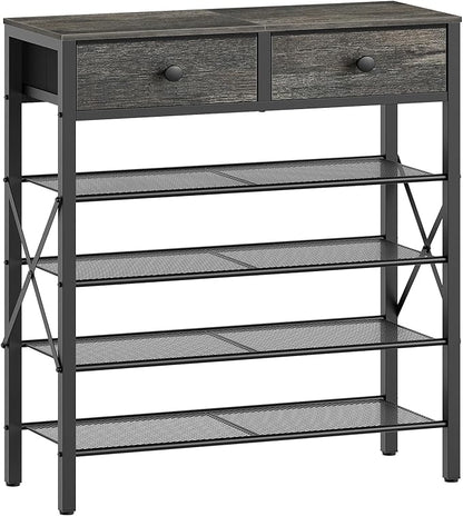5 Tier Shoe Rack, Large Capacity Shoe Storage Organizer, Metal Shoe Shelf with Drawer and Wooden Top, for 20 Pairs of Shoes, for Entryway, Closet, Charcoal and Black SS25BCY1