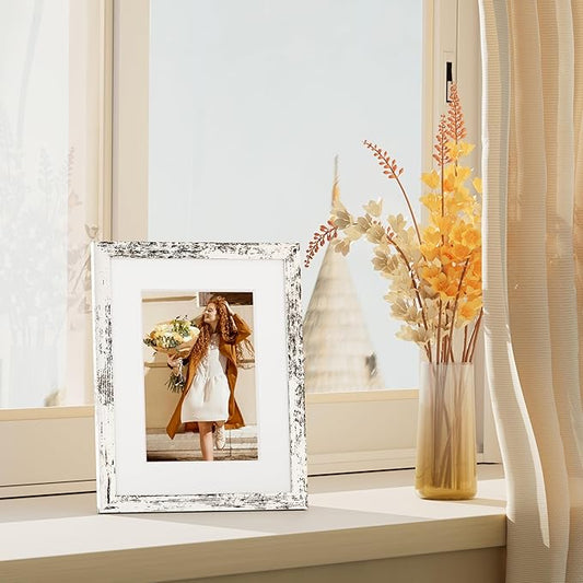 Vittanly 8x10 Picture Frame Set of 4, Display Pictures 5x7 with Mat or 8x10 without Mat, Photo Frames for Wall or Tabletop Display, Distressed White