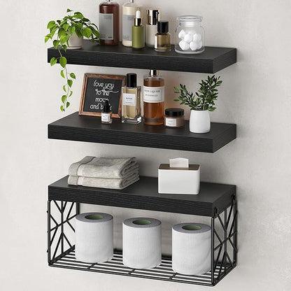 Bathroom Shelves Over Toilet Set of 3, Floating Shelves for Wall Toilet Paper Storage, 1.5" Thick Hanging Shelf, Farmhouse Wall Decor for Bathroom, Living Room, Office, Kitchen, Black 4001BJBB