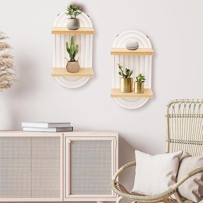 2 Pcs Modern Boho Wooden Rainbow Wall Shelves Shelf Decor, Wood Wall Mount Book Shelf, Floating Shelves for Living Rooms Bathroom Wall Decor Display (03)