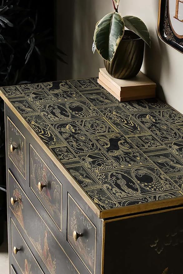 Erfoni 118"x17.7" Black and Gold Wallpaper Vintage Peel and Stick Wallpaper Special Animals Pattern Contact Paper Stick and Peel Self Adhesive Removable Wall Paper for Countertop Cabinets Covering