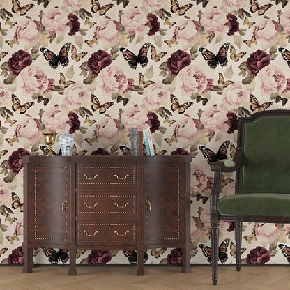 Butterfly Floral Wallpaper Peel and Stick, Vintage Beige/Pink Contact Paper 17.5" x 393", Boho Flower Wall Paper Self Adhesive Waterproof Removable for Bathroom Shelves Cabinet Drawer Table Decor