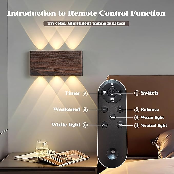 Shelprojsu LED Cordless Wall Sconce, 5200mAh Rechargeable Battery Operated Wall Lamp with Remote Control, 3 Colors and Dimmable Magnetic Wireless Wall Light (Walnut, 2PCS)