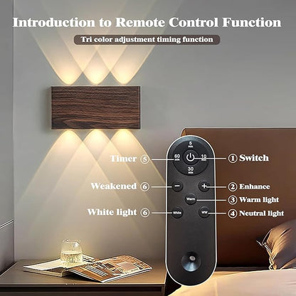 Shelprojsu LED Cordless Wall Sconce, 5200mAh Rechargeable Battery Operated Wall Lamp with Remote Control, 3 Colors and Dimmable Magnetic Wireless Wall Light (Walnut, 2PCS)