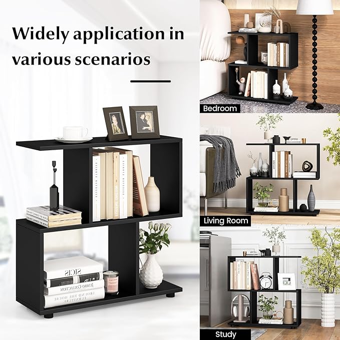 Giantex 3-Tier Geometric Bookshelf Set of 2, 24" Tall Wood S-Shaped Display Shelves with Thick Foot Pads, Freestanding Open Shelves Nightstand, Floor Standing Display Shelf Bookcase, Black