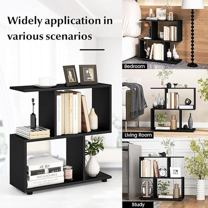 Giantex 3-Tier Geometric Bookshelf Set of 2, 24" Tall Wood S-Shaped Display Shelves with Thick Foot Pads, Freestanding Open Shelves Nightstand, Floor Standing Display Shelf Bookcase, Black