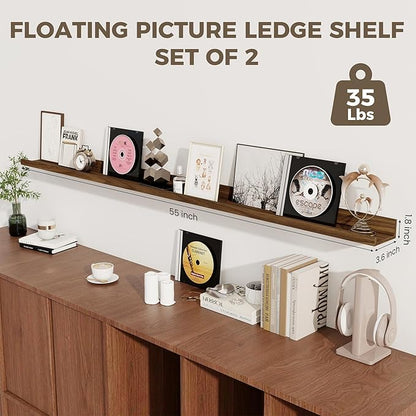 Axeman Floating Shelves | Picture Ledge Shelf Set of 2 | Walnut Wall Shelves with Lip | Walnut Picture Shelf for Wall with Ledge | Photo Ledges 55 Inch