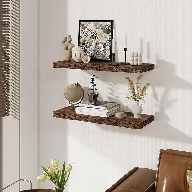 Floating Shelves for Wall, 27.5 Inch Bathroom Shelves Set of 2, Rustic Wood Wall Shelf with Invisible Brackets for Books|Storage|Decor, 8 Inch Deep Floating Shelf for Bedroom|Kitchen, Rustic Brown