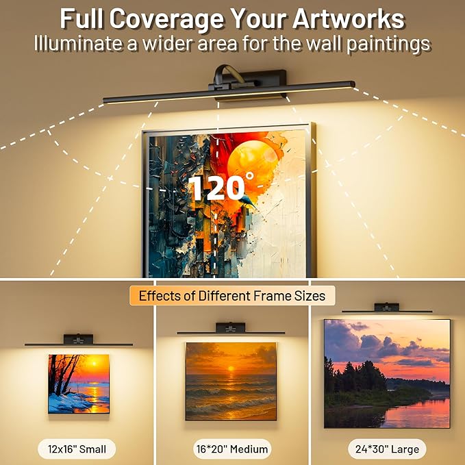 AIFEI Wireless Picture Lights for Wall Battery Operated, 8000mAh Long-Last Lights for Pictures on Wall, Remote & Touch, 3 Color Dimmable No Wiring Needed Art Light for Paintings Poster, 23.6" Black