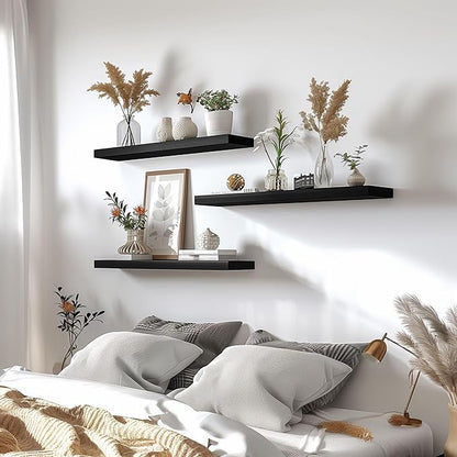Wood Floating Shelves for Wall Decor, Rustic Wall Shelves for Bedroom Bathroom Kitchen Living Room, Set of 4 Black 24 Inch