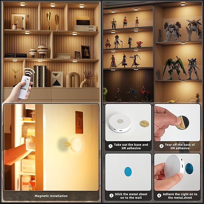 Puck Lights with Remote Control, Under Cabinet Lighting with Magnetic and Cordless, 1200mAh Rechargeable Closet Lights Stick On Lights for Under Cabinet,Hallway, Stairway,Closet （Warm White,9pcs)