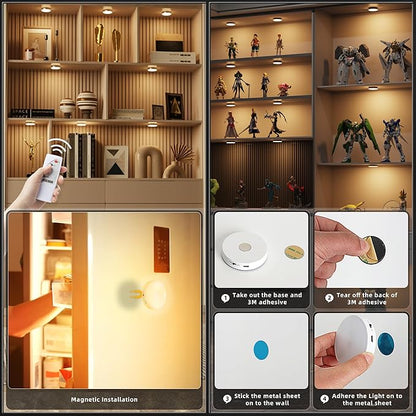 Puck Lights with Remote Control, Under Cabinet Lighting with Magnetic and Cordless, 1200mAh Rechargeable Closet Lights Stick On Lights for Under Cabinet,Hallway, Stairway,Closet （Warm White,9pcs)