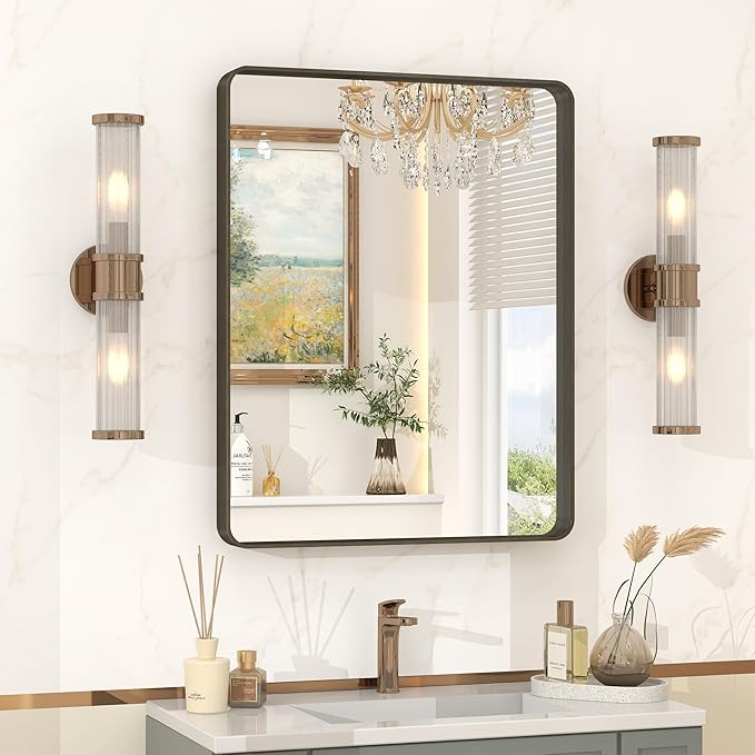 22x30 Inch Bronze Framed Bathroom Mirror, Brushed Bronze Metal Vanity Mirror, Bronze Rectangle Mirror, Rounded Corner, Tempered Glass, Anti-Rust, Shatterproof (Horizontal/Vertical)