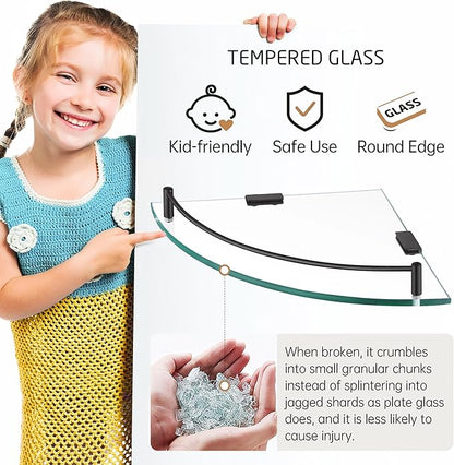 KES Bathroom Glass Corner Shelf Tempered Glass Shelf with Rail Wall Mount Corner Shelf SUS 304 Stainless Steel Matte Black 2 Pack, BGS2101A-BK-P2