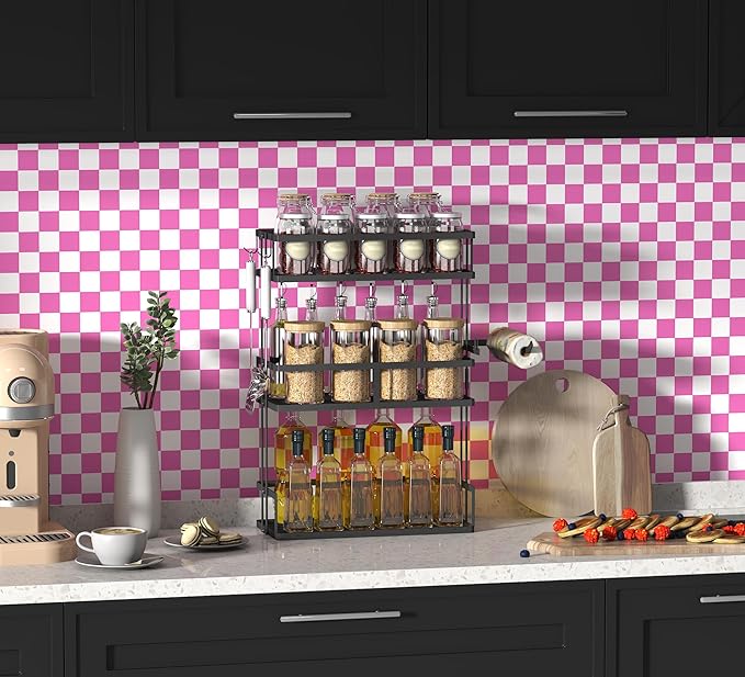 Modern Peel and Stick Wallpaper Pink and White Mosaic Checkered Contact Paper 17.7"x78.8" Self Adhesive Lattice Wallpaper Removable Decorative Wallpapers for Bedroom Countertops Cabinet Vinyl Roll