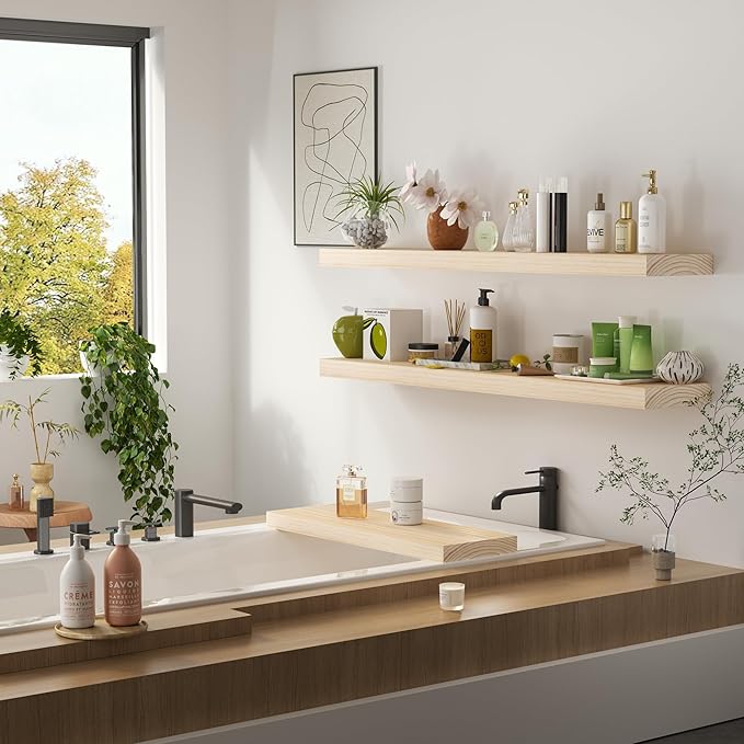 Vivelove Natural Wood Floating Shelves 48”，8 inch Deep Floating Shelf with Invisible Brackets, Unfinished Wall Shelves for Living Room, Bathroom, Kitchen, Bedroom, Home Decor, Set of 1 - Natural