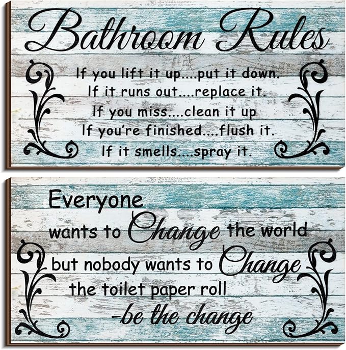 Jetec 2 Pieces Funny Bathroom Signs Bathroom Wall Decor Toilet Wall Accessories Farmhouse Toilet Rustic Wooden Signs, 12x6 Inch(Chic Style)