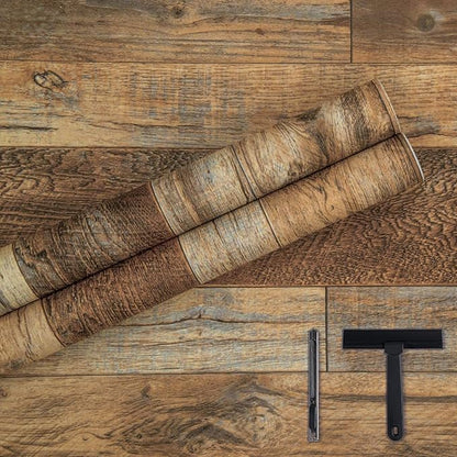 Decoroom Wood Wallpaper with Tools, 17.7''×118'' Peel and Stick Wallpaper Rustic Wood Grain Contact Paper, Removable Self Adhesive Vinyl Film Roll for Table Cabinets Shelf Liner