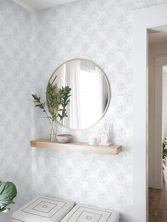 Boho Wallpaper Blue Wall Paper Peel and Stick Modern Blue and White Geometric Fireworks Contact Paper Renter Friendly Self-Adhesive Removable Bathroom Bedroom Laundry Room 17.3" × 78.7"