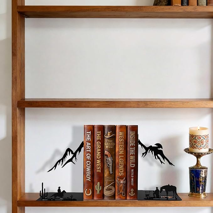 Western Cowboy Metal Bookends – Decorative Book Ends for Shelves, Heavy Duty Book Holders, Unique Vintage Bookends, Novelty Book Stoppers for Home Office Shelf Decor