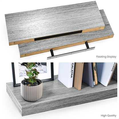 Ballucci Floating Shelves for Wall, 24" Wood Wall Shelf Set of 2, with Invisible Brackets for Bathroom, Living Room, Bedroom, Kitchen, Nursery, 8" Deep, Rustic Gray