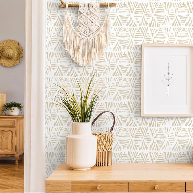 Peel and Stick Wallpaper Boho Wallpaper Geometric Beige and White Contact Paper Modern Striped Self-Adhesive Removable Wall Paper for Bedroom Cabinets Drawers Vinyl Roll 17.3" x 78.7"