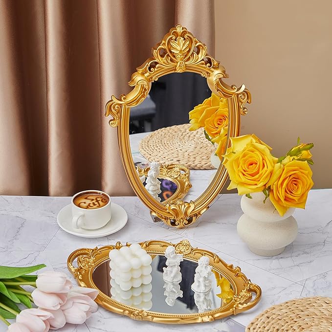 2 Pcs Vintage Gold Mirror Set Including 14.5 x 9.8 Inch Oval Decorative Jewelry Tray 16.3 x 11.2 Inch Antique Wall Mirror Gold Shield Shape Victorian Decor for Bedroom Bathroom Wedding
