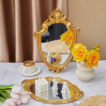 2 Pcs Vintage Gold Mirror Set Including 14.5 x 9.8 Inch Oval Decorative Jewelry Tray 16.3 x 11.2 Inch Antique Wall Mirror Gold Shield Shape Victorian Decor for Bedroom Bathroom Wedding