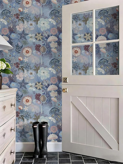 Ismoon Floral Peel and Stick Wallpaper Vintage Blue Contact Paper Jellyfish Ocean Stick on Wall Paper Removable Self Adhesive Vinyl Wallpaper for Bedroom Wall Decor Cabinet Refurbishment 17.3x393in