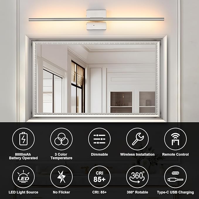 40 Inch Sand-Nickel Battery Operated Wall Sconces Set of Two, Dimmable Wall Sconces with Remote Control, Rechargeable Sconces, LED Wireless Wall Lights for Bedroom, Living Room, Bathroom