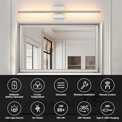 Battery Operated Wall Sconces Set of 2, Dimmable Battery Wall Sconce with Remote Control, Sand-Nickel LED Rechargeable Sconces, 24 Inch Modern Wireless Wall Lights for Bedroom, Living Room
