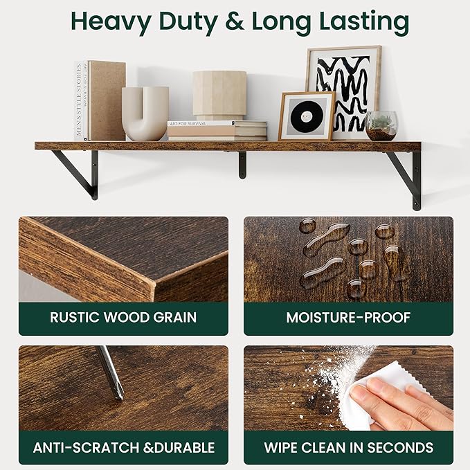 Floating Shelves, 8 Inch Deep Rustic Wood Wall Storage, 48W x 8D Wall Shelves Set of 2, Heavy Duty Metal Brackets, Industrial Book Shelf for Living Room, Kitchen, Bathroom, Bedroom, Brown