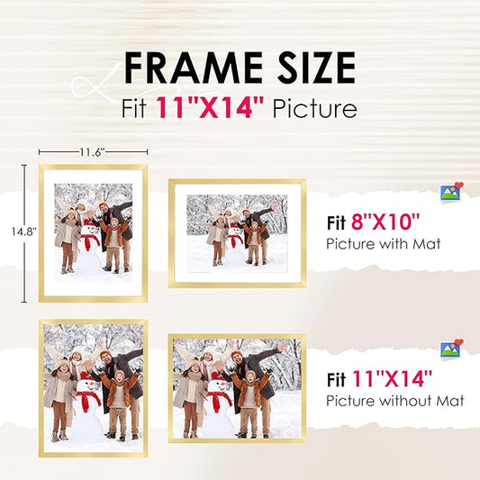 FIXSMITH 11x14 Picture Frame Bulk-4 Pack, Photo Frame with HD Plexiglass, Display Pictures 8x10 with Mat or 11x14 Without Mat, Gold Picture Frames Collage Wall Decor, Gallary Wall Frame