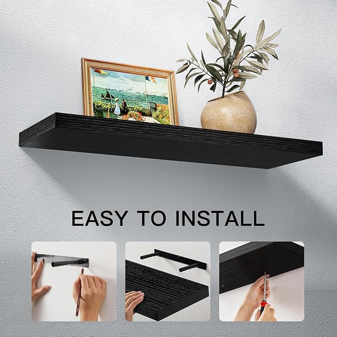 AMADA HOMEFURNISHING Floating Shelves Wall Mounted, 24 x 7 Inch Wall Shelves for Bathroom, Bedroom, Living Room, Black Shelves Set of 2 | Wall Shelves, for Bathroom, Bedroom, Living Room, Shelves