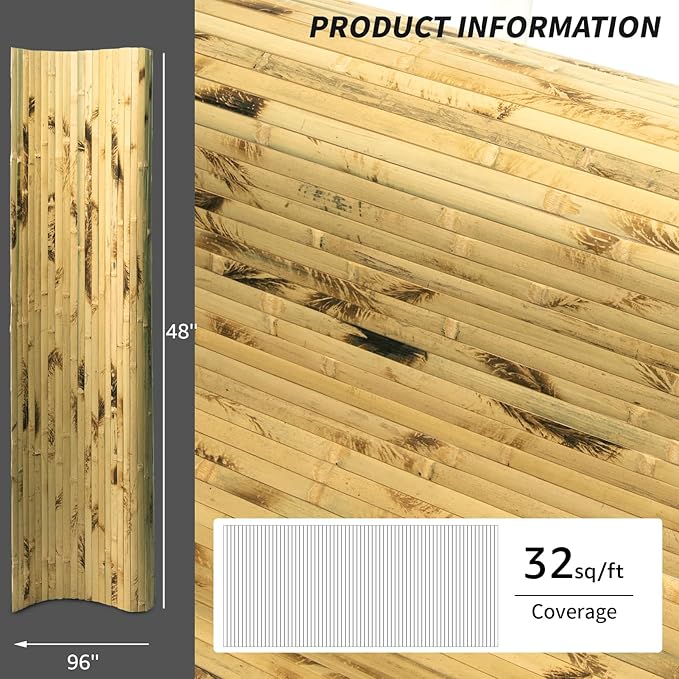 Art3d Natural Bamboo Wall Panel for Interior Wall Decor, Renewable Pole Wrap Wainscoting Paneling for Wall Ceiling Furniture Cabinet Office, 48 x 96 Inch - Light Burned