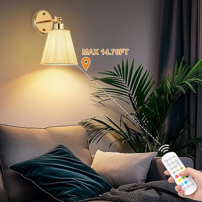 Frideko Swing Arm Rechargeable Battery Operated Wall Sconces Set of Two with Remote, RGB 15 Colors Dimmable Wall Light with Plastic Lampshade, 4 Timer Indoor Boho Wireless Sconce Lighting for Bedroom
