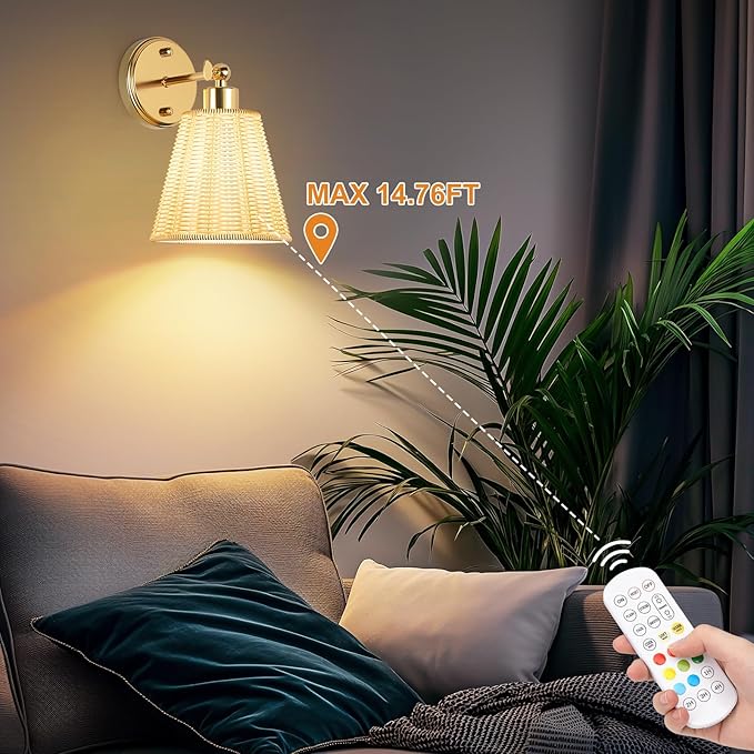Frideko Swing Arm Rechargeable Battery Operated Wall Sconces Set of Two with Remote, RGB 15 Colors Dimmable Wall Light with Plastic Lampshade, 4 Timer Indoor Boho Wireless Sconce Lighting for Bedroom
