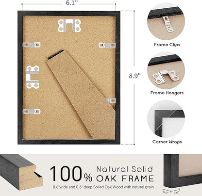 puthiac 6x8 Solid Oak Wood Picture Frame, Fits 5x7 with Mat or 6x8 Without Mat, Wall or Tabletop Display with Stand, Vertical or Horizontal, Plexi Front, 3 Pack, Black