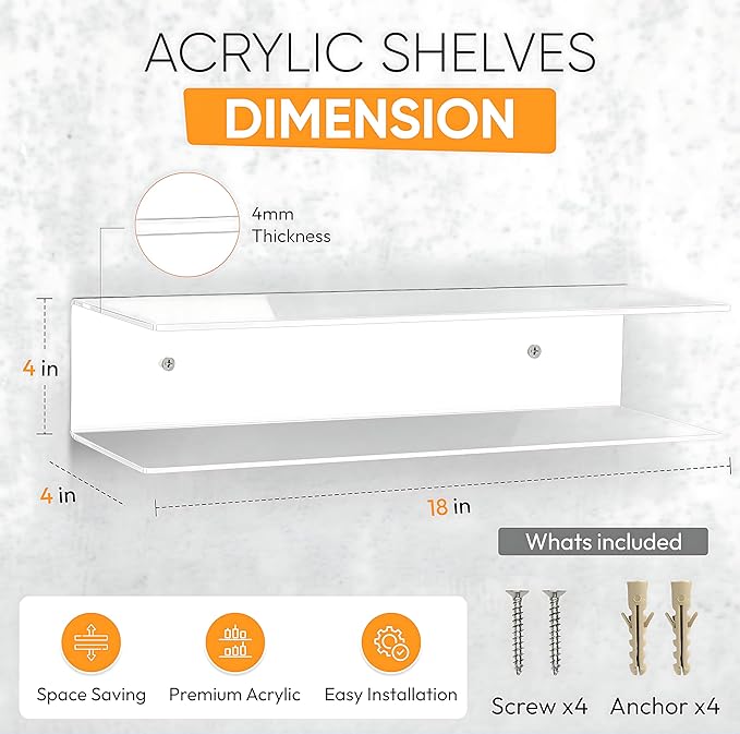 Clear Acrylic Floating Shelves - 2 Tier Wall Mounted Bathroom Organizer Set of 2 (18