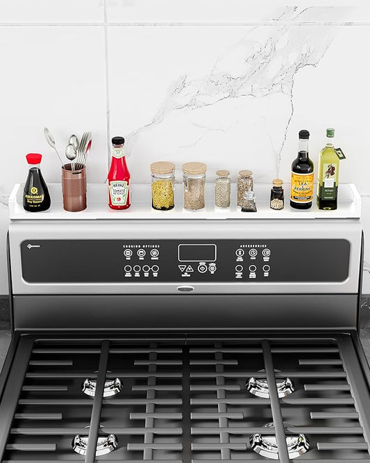 4X Strong Magnetic Stove Top Shelf, Adjustable 15-30 Inches, Fits Various Stove Lengths, Kitchen Organizer, Holds Spices, Condiments and BBQ Sauces (White)
