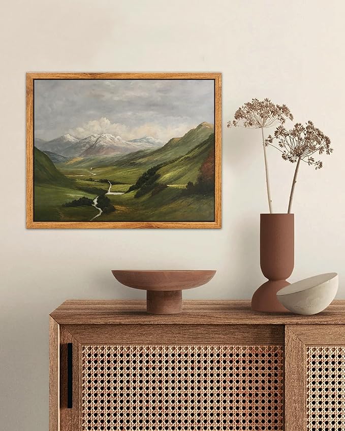 SHENIFY Landscape Vintage Framed Canvas Wall Art Classical Mountain Range Valley Prints Farmhouse Kitchen Office Decor - 8x10in Natural Framed