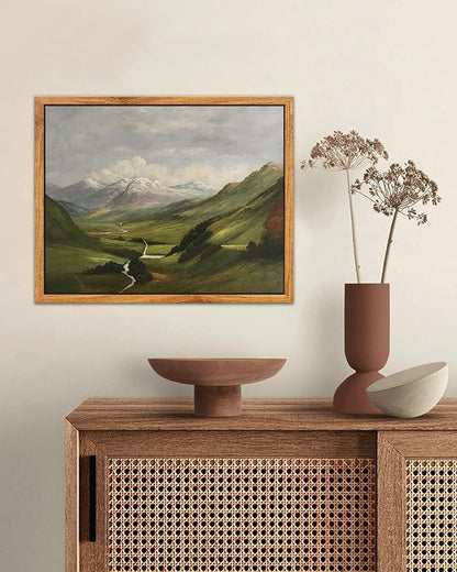 SHENIFY Landscape Vintage Framed Canvas Wall Art Classical Mountain Range Valley Prints Farmhouse Kitchen Office Decor - 8x10in Natural Framed