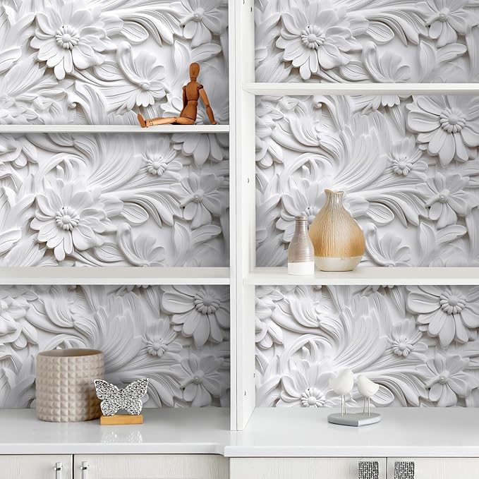 LACHEERY 3D Embossed Wallpaper White Floral Peel and Stick Wallpaper Modern Self Adhesive Removable Leaf Flower Contact Paper for Cabinets and Drawers Bedroom Living Room Wall Paper Roll 17.5